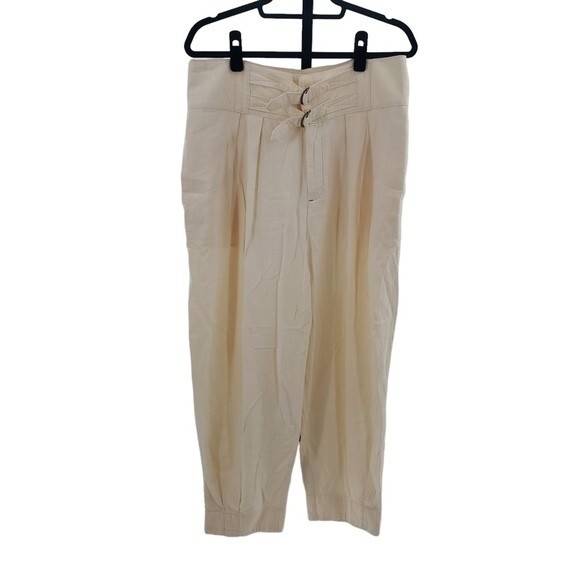 Free People Double Buckle Trouser Pants Ivory Cream Cotton Old Money Size 10 - Picture 2 of 10